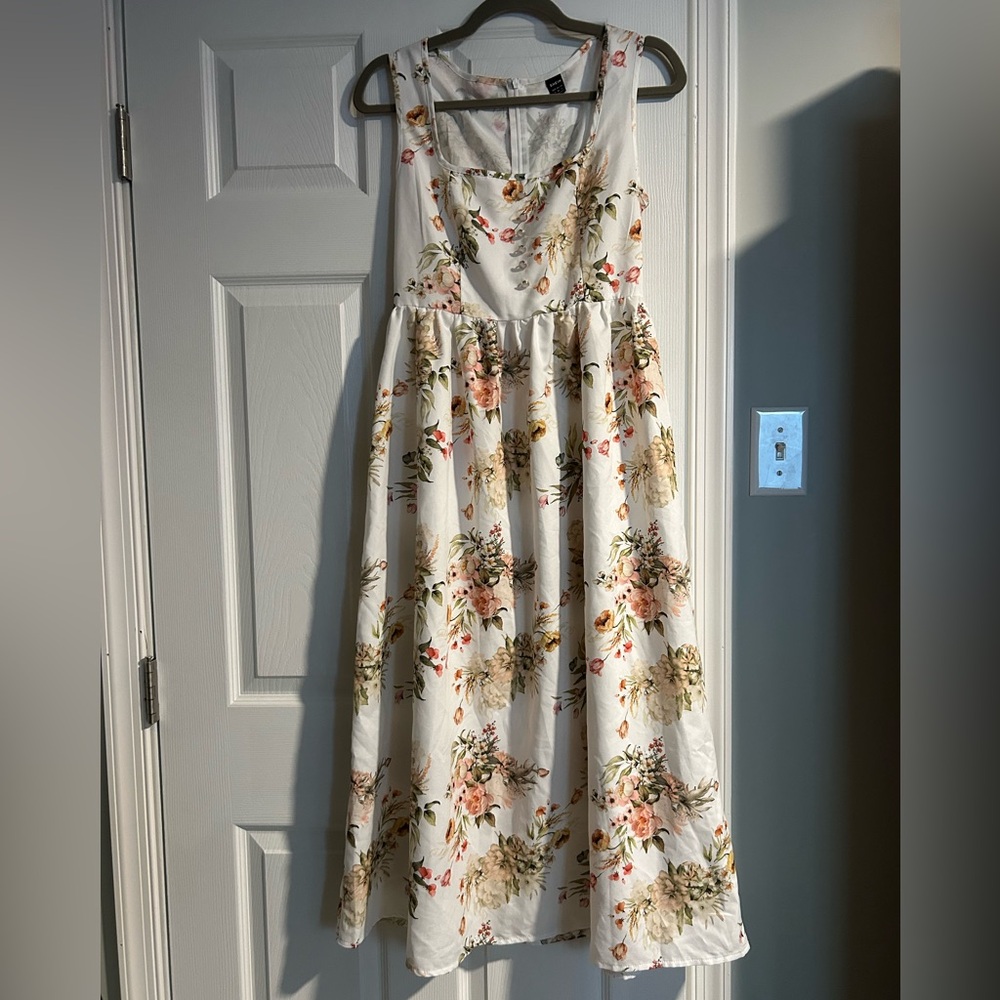 Floral Faux Button Square Neck Maxi Dress